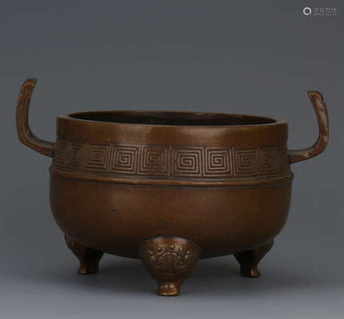 CHINESE BRONZE HANDLE ROUND CENSER