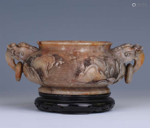 CHINESE SOAPSTONE DRAGON HANDLE ROUND CENSER