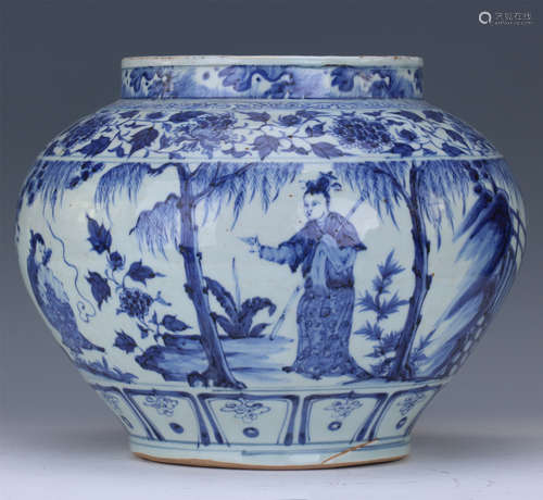 CHINESE PORCELAIN BLUE AND WHITE STORY FIGURES JAR MING DYNASTY