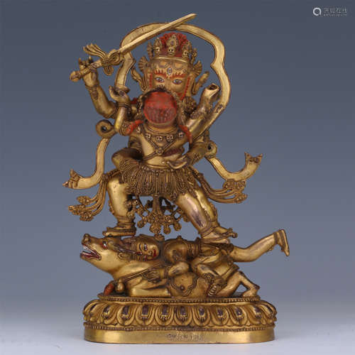 TIBETAN GILT BRONZE STANDING YAMANTAKA