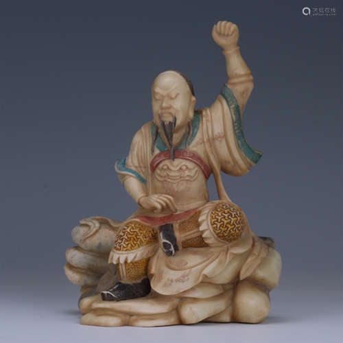 CHINESE SOAPSTONE SEATED WARRIOR