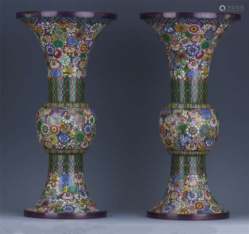 PAIR OF CHINESE CLOISONNE FLOWER GU VASES