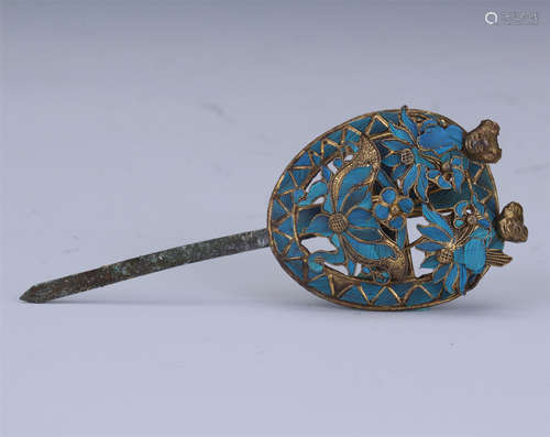 CHINESE GILT SILVER KINGFISH FURTHER HAIR PIN