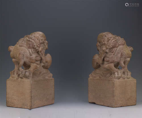 PAIR OF MARBLE CARVED DOOR LIONS