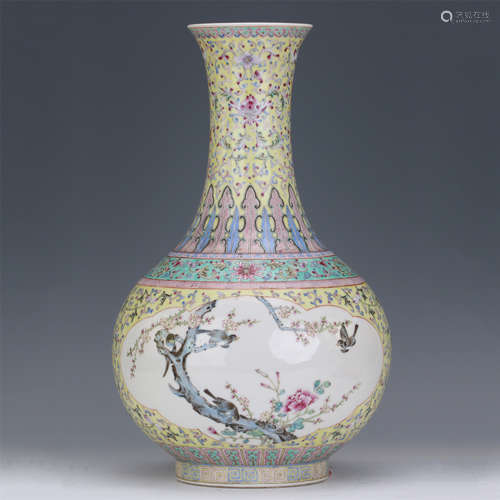 CHINESE PORCELAIN FAMILLE ROSE BIRD AND FLOWER VASE