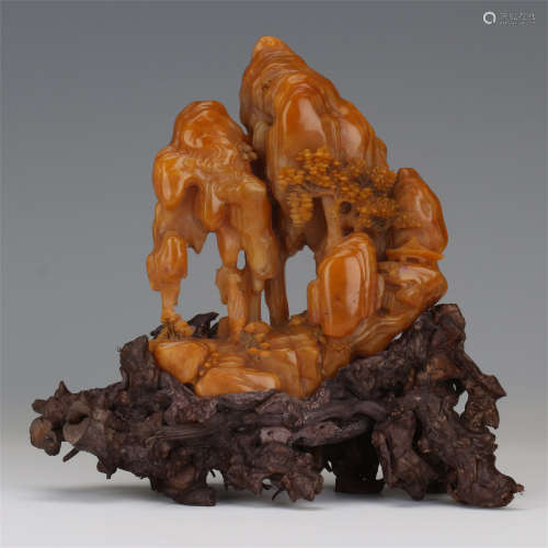 CHINESE TIANHUANG STONE SCHOLAR'S ROCK ON BOXWOOD STAND