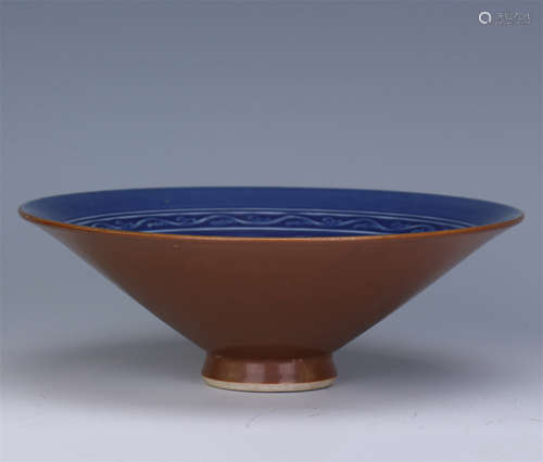 CHINESE PORCELAIN BROWN BLUE GLAZE PHOENIX ENGRAVED BOWL