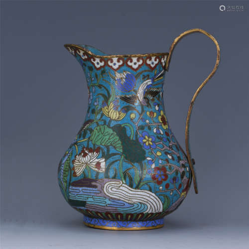 CHINESE CLOISONNE HANDLED LOTUS KETTLE