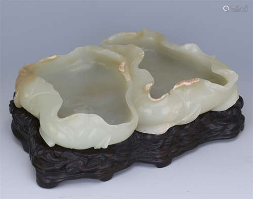 CHINESE WHITE JADE LOTUS SHAPED BRUSH WASHER ON ROSEWOOD BASE