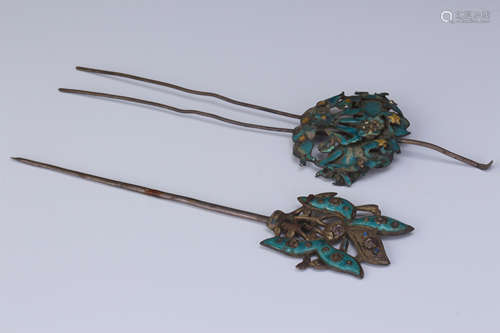 TWO CHINESE ENAMLE SILVER HAIR PINS