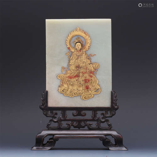 CHINESE GOLD PAINTED SEATED GUANYIN PLAQUE ROSEWOOD TABLE SCREEN