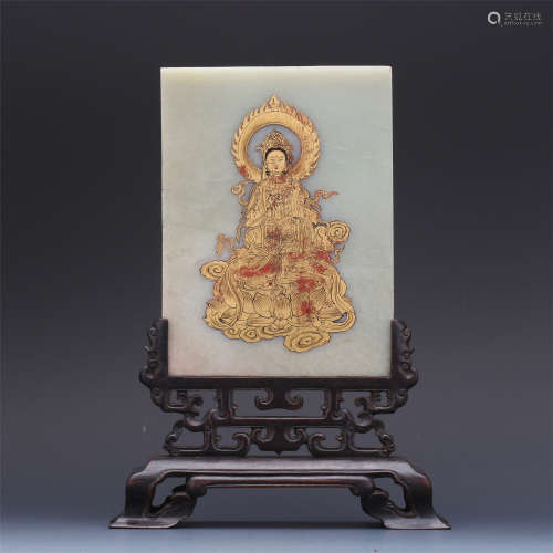 CHINESE GOLD PAINTED SEATED GUANYIN PLAQUE ROSEWOOD TABLE SCREEN