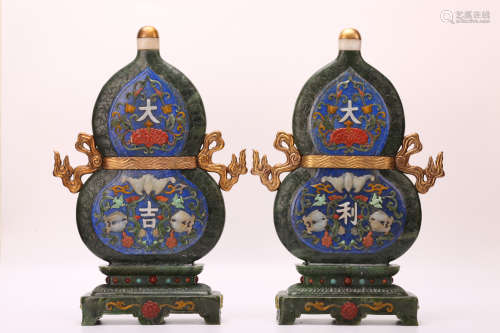 A Pair of Chinese Carved Jade Screen with Stands