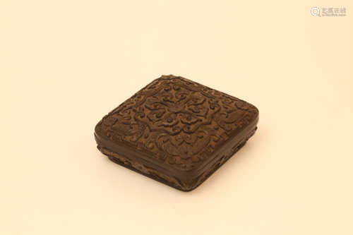 A Chinese Carved Zitan Square Box with Cover