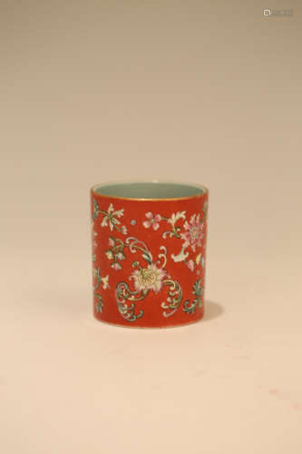 A Chinese Red Glazed Famille-Rose Porcelain Brush Pot