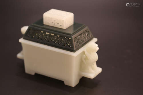 A Chinese Carved Jade Square Incense Burner