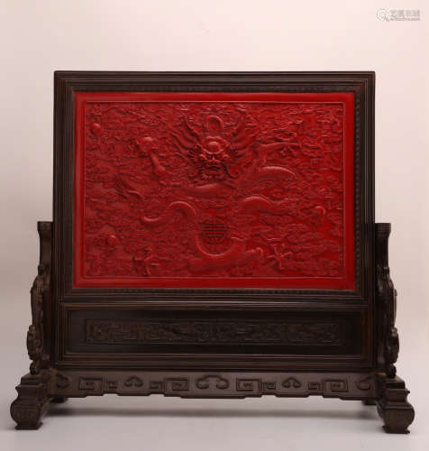 A Chinese Carved Rosewood Screen with Lacquer Inlaided