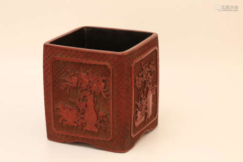 A Chinese Carved Lacquer Square Brush Pot