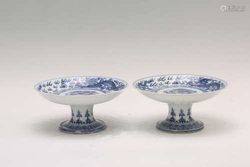 A Pair of Chinese Blue and White Porcelain High-Foot Plates