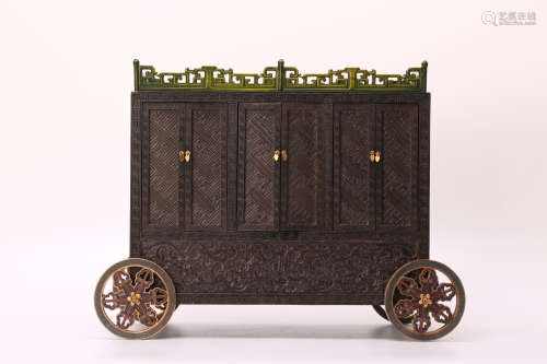 A Chinese Carved Zitan Box with Carriage Shape