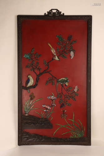 A Chinese Carved Wood Hanging Screen with Cloisonne Inlaided