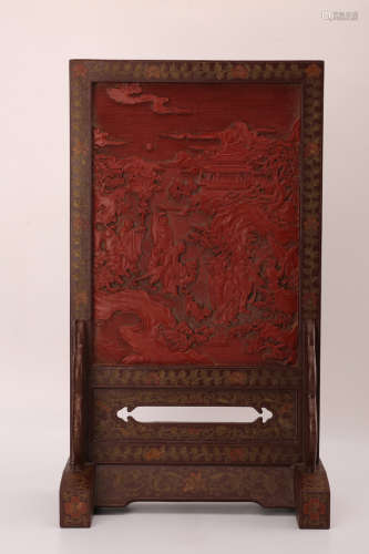 A Chinese Carved Lacquer Screen with Stand