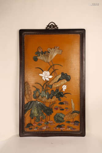 A Chinese Carved Zitan Hanging Screen with Shoushan Inlaided