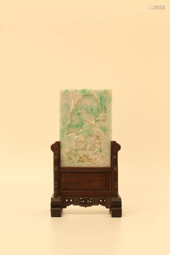 A Chinese Carved Jade Screen with Stand