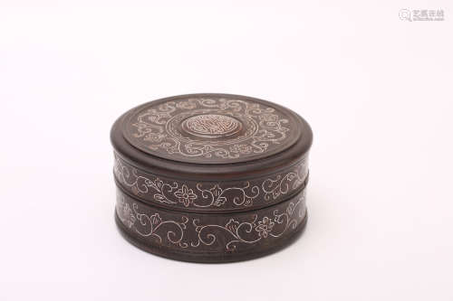 A Chinese Silver Inlaided Carved Wood Box with Cover