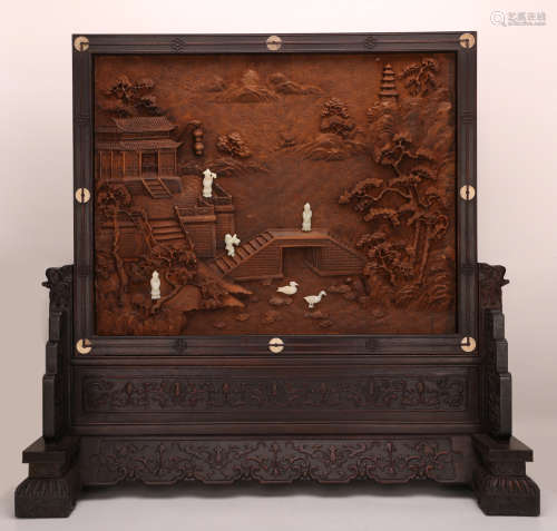 A Chinese Carved Rosewood Screen with Jade Inlaided