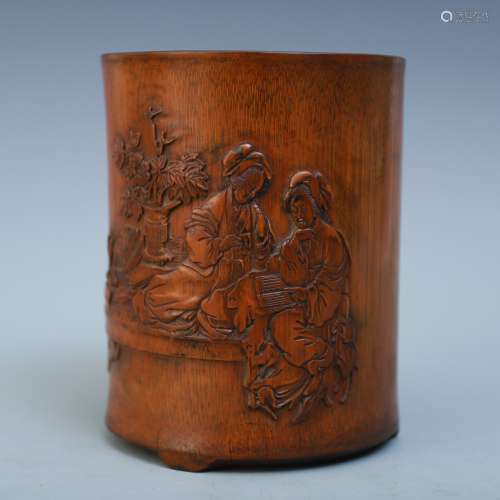 A Chinese Bamboo Brushpot With Figures