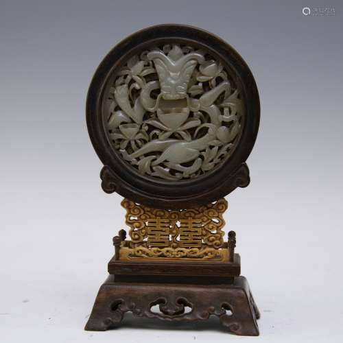 A Chinese Carved Zitan Table Screen with Carved Jade Inlaid