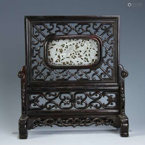 A Chinese Carved Zitan Table Screen with Carved Jade Inlaid