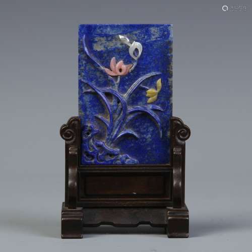 A Chinese Carved Lapis Lazuli Table Screen with Stand