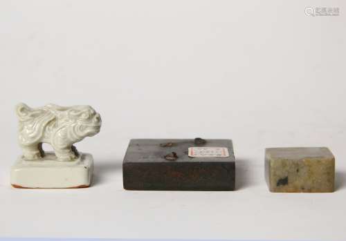 A Set Of Three Bronze, Porcelain And Shoushan Stone Chinese Seals