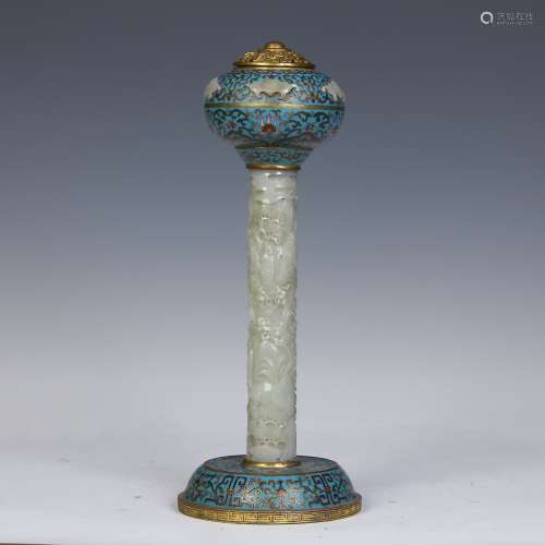 A Chinese Cloisonne Incense Burner With Carved Jade Support