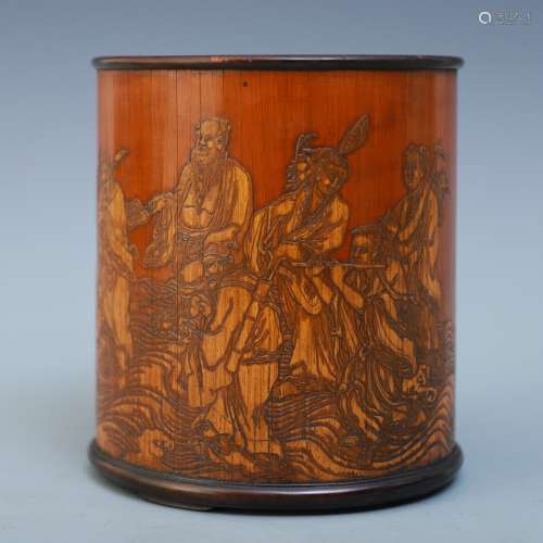 A Chinese Bamboo Brush Pot With Figures