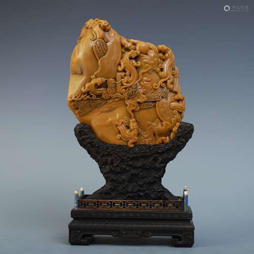 A Chinese Tianhuang Stone Seal With A Zitan Wood Base