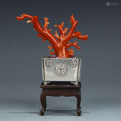 A Chinese Coral Decoration with Silver Planter