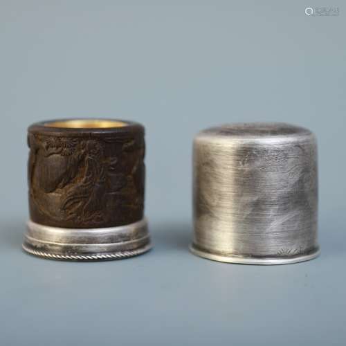 A Pair Of Chinese Chenxiang Wood Glit And Sliver Rings