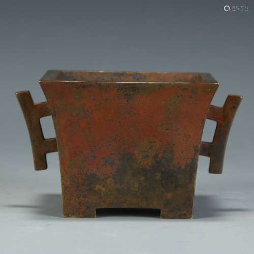 A Chinese Bronze Square Insence Burner with Two Ears
