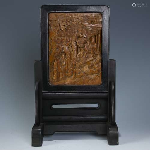 A Chinese Carved Hardwood Table Screen with Carved Bamboo Pannel Inlaid