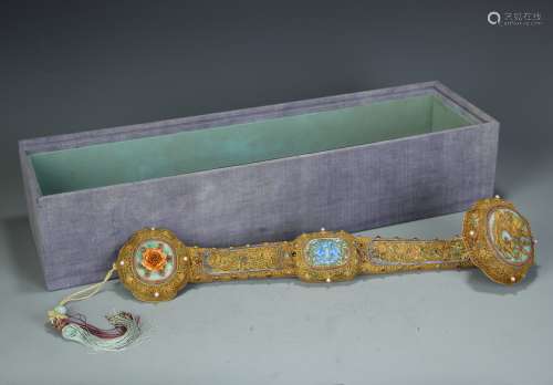 A Chinese Gilt Silver Ruyi with Inlaid
