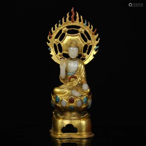 A Chinese Gilt Bronze Buddha with Carved Jade Inlaided