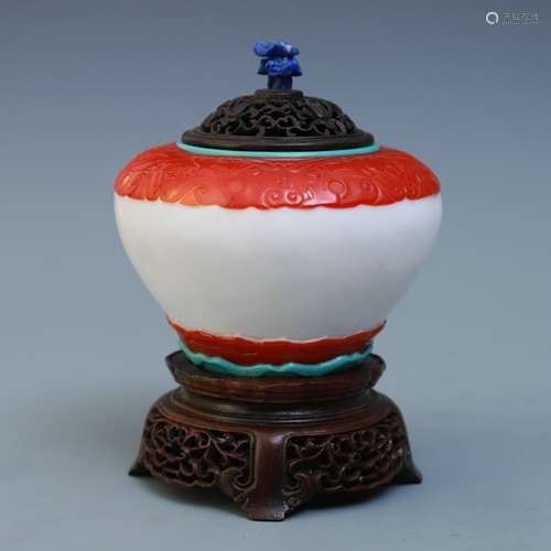 A Chinese Peking Glass Incense Burner With Cover