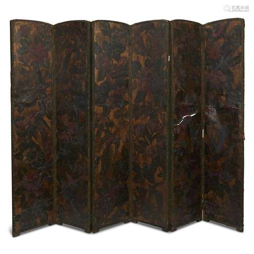 A SPANISH OR SPANISH COLONIAL GILT AND POLYCHROME CORDOVAN LEATHER SIX-PANEL FLOOR SCREEN WITH BIRDS AND FLOWERS