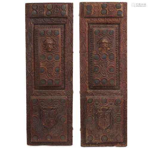 A PAIR OF SPANISH POLYCHROME AND CARVED WALNUT DOORS