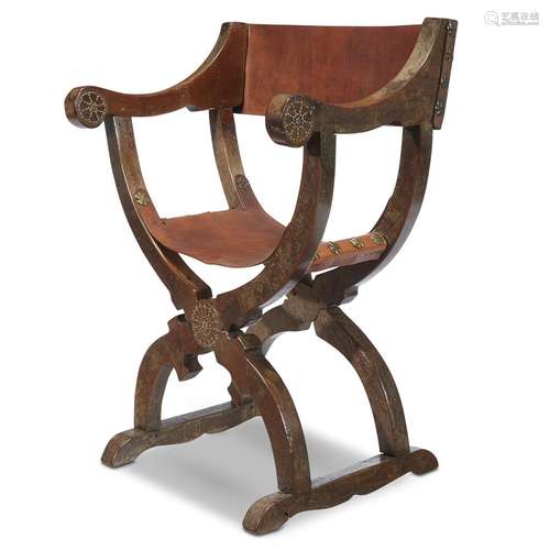 A SPANISH BAROQUE BONE INLAID WALNUT CURULE CHAIR