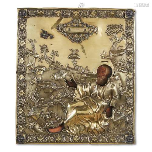 A RUSSIAN ICON OF THE SAINT AND PROPHET ELIJAH IN THE WILDERNESS WITH SILVER AND SILVER-GILT OKLAD