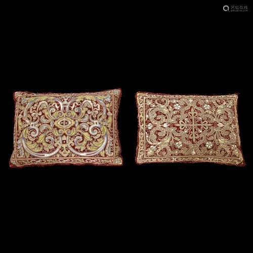 THREE SPANISH SILK AND METAL THREAD EMBROIDERED SILK VELVET CUSHIONS